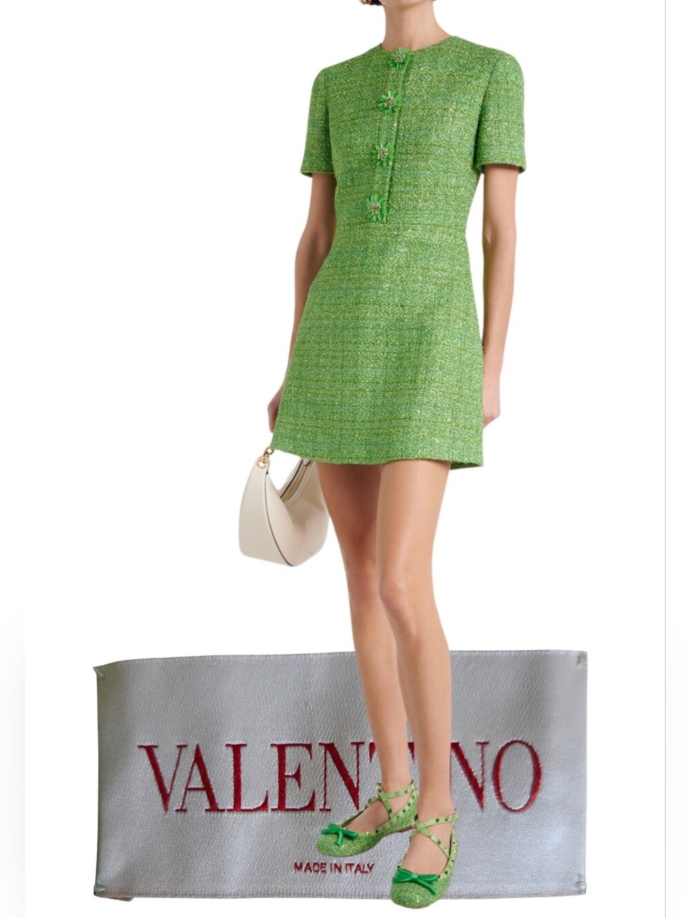 VALENTINO Green Metallic Tweed Short-Sleeve Mini Dress Embellished Buttons M/8